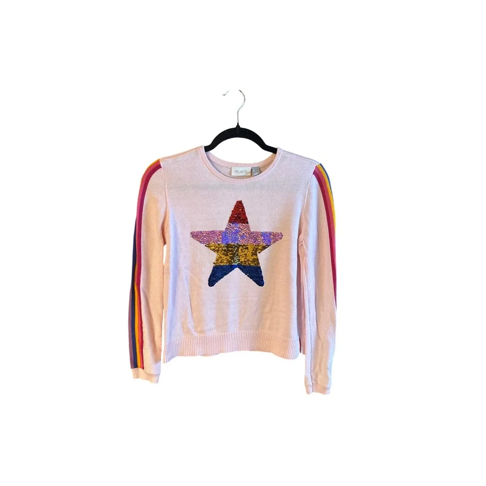 The Childrens Place Girls Pink Rainbow Sequin Star Stripe Sweater Size 14 XL
